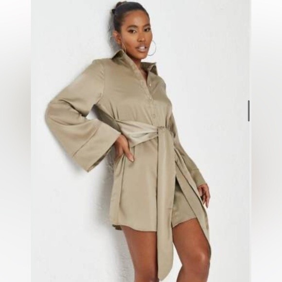 NWT Missguided Tie Waist Flare Sleeve Shirt Dress Satin Sage 4 - Picture 12 of 12